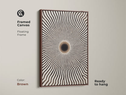 Brown framed canvas print of abstract vortex home decor. This minimalist black and white art piece is ready to hang. The contemporary geometric canvas enhances any entryway.