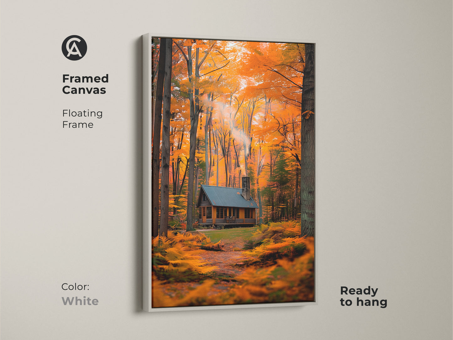 A framed canvas featuring a log cabin nestled in an autumn forest. The floating frame in white enhances the artwork. Ready to hang this piece brings a serene touch to your space. This art is perfect for creating a calm and inviting atmosphere.
