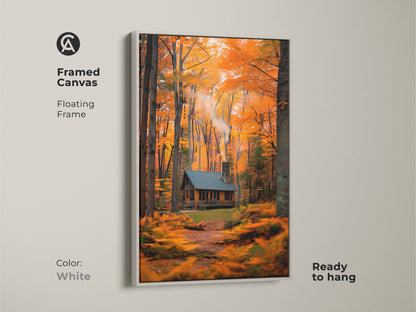 A framed canvas featuring a log cabin nestled in an autumn forest. The floating frame in white enhances the artwork. Ready to hang this piece brings a serene touch to your space. This art is perfect for creating a calm and inviting atmosphere.