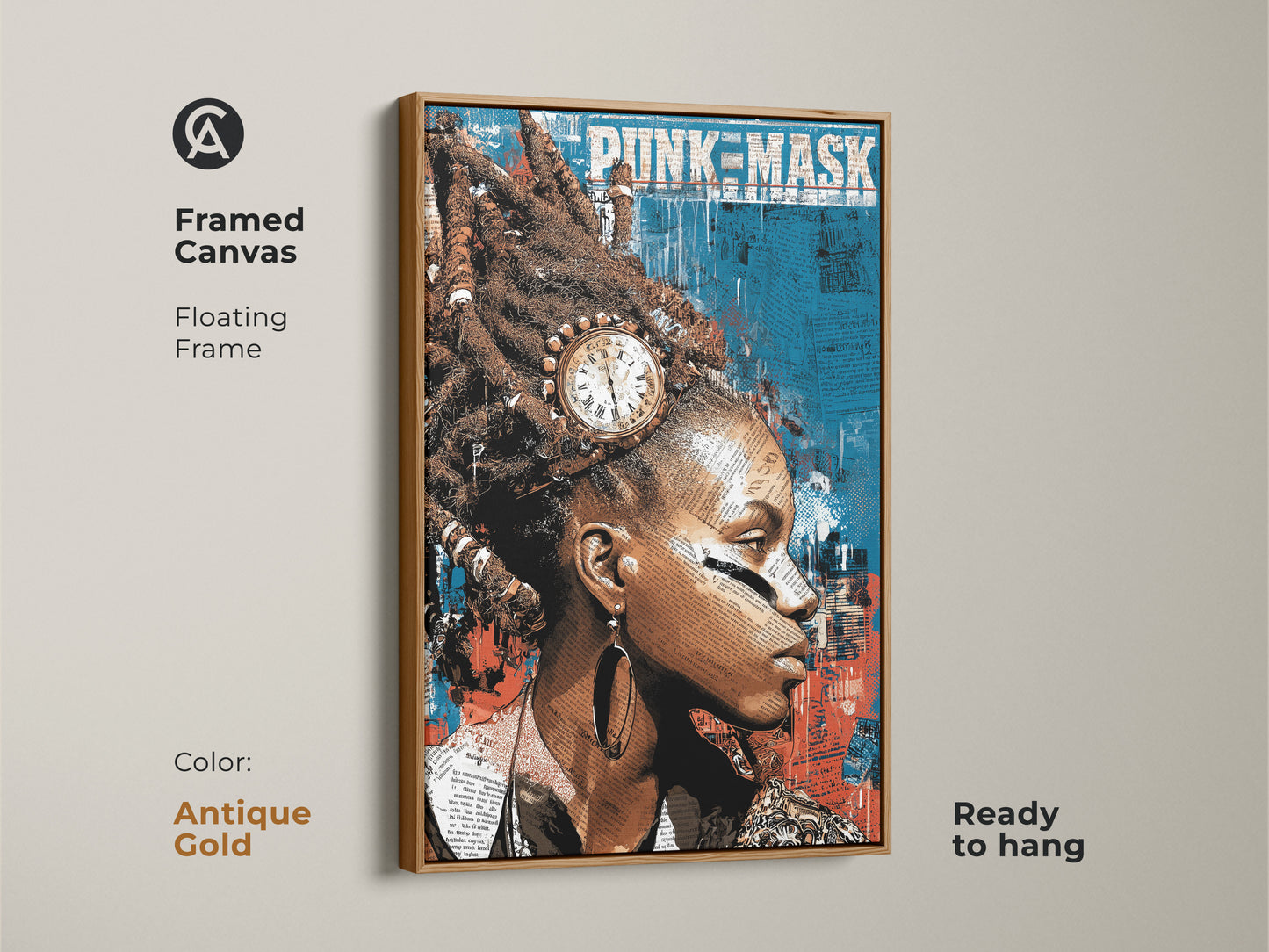 Antique gold framed canvas featuring a punk mask abstract portrait. The teal red blue collage is an eclectic wall art piece. This is a unique woman portrait artwork for any room.