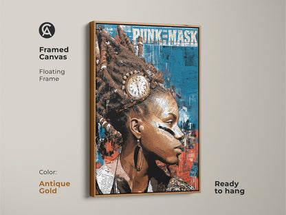 Antique gold framed canvas featuring a punk mask abstract portrait. The teal red blue collage is an eclectic wall art piece. This is a unique woman portrait artwork for any room.