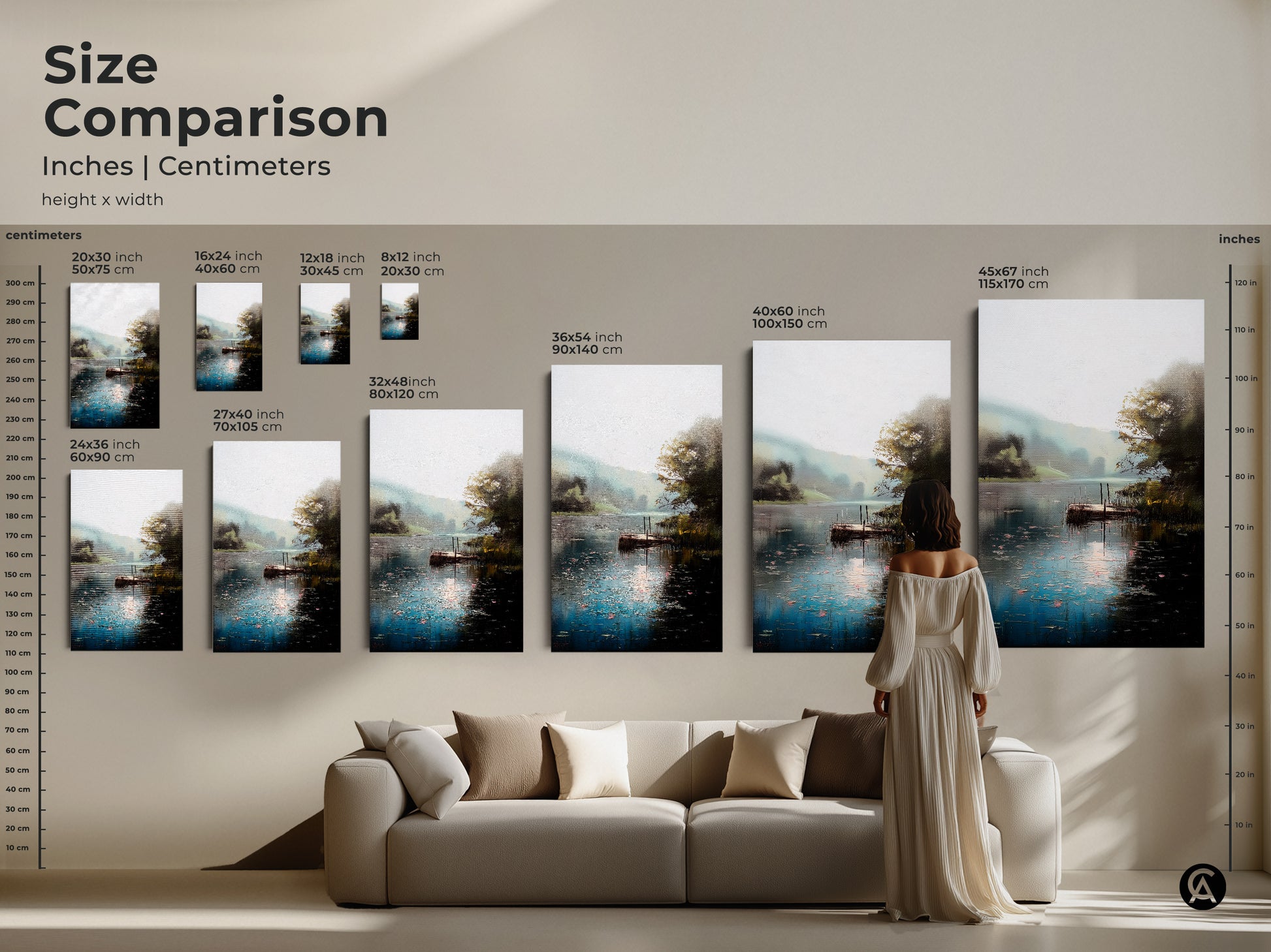 Size comparison showcasing the rustic lake dock landscape artwork in various dimensions. See how the canvas print fits above a sofa. Visualize the impact of this impressionist nature art. The teal green water view brings a sense of calm to your living room or bedroom decor.