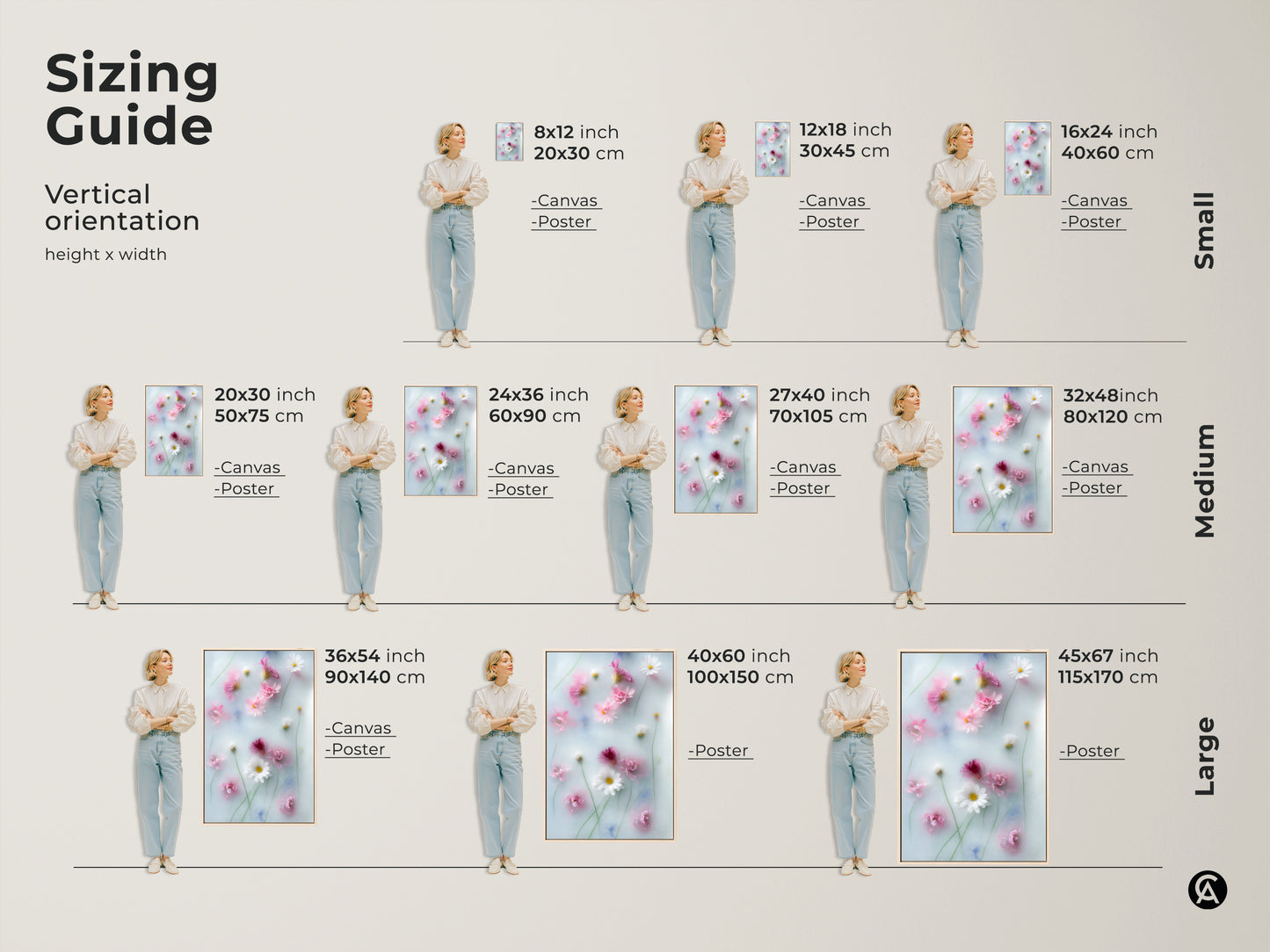 Sizing guide for soft focus pink daisy and cosmos flowers botanical artwork. Available as canvas or poster in sizes from 8x12 inch to 45x67 inch. This dreamy pastel blue wall art is perfect for Scandinavian home decor. Find the ideal size for your space.