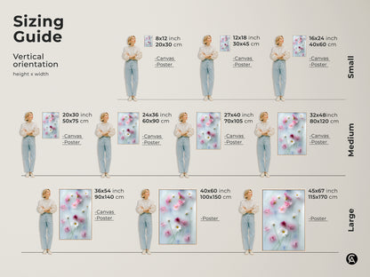 Sizing guide for soft focus pink daisy and cosmos flowers botanical artwork. Available as canvas or poster in sizes from 8x12 inch to 45x67 inch. This dreamy pastel blue wall art is perfect for Scandinavian home decor. Find the ideal size for your space.