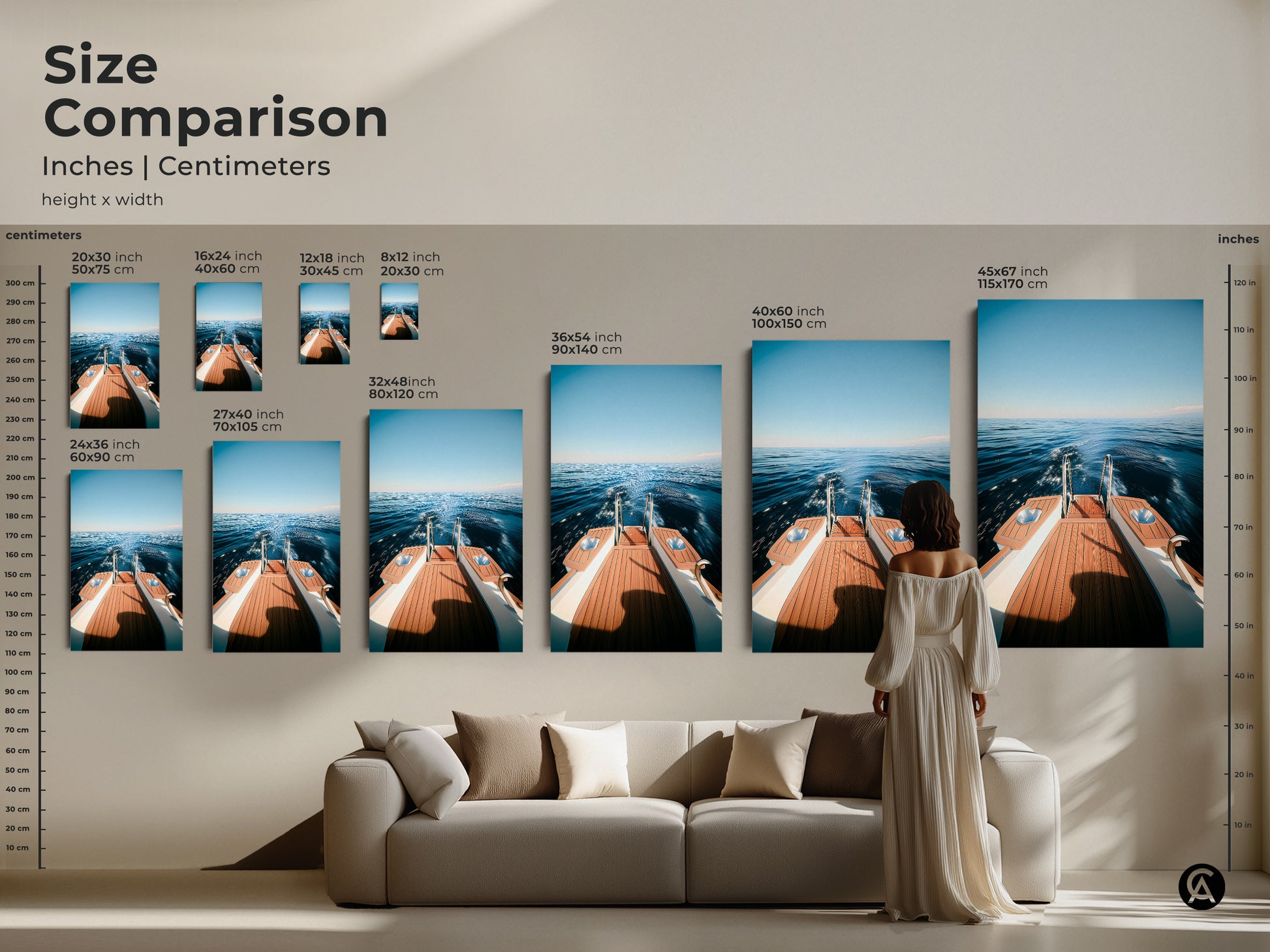 Compare sizes of the ocean yacht wake canvas print with our size comparison guide. Visualize how the coastal nautical wall art transforms your living space. The deep blue seascape brings a touch of seaside travel to your home. Find the ideal housewarming gift idea for boat owners. This modern nautical decor creates a luxury yacht art vibe.