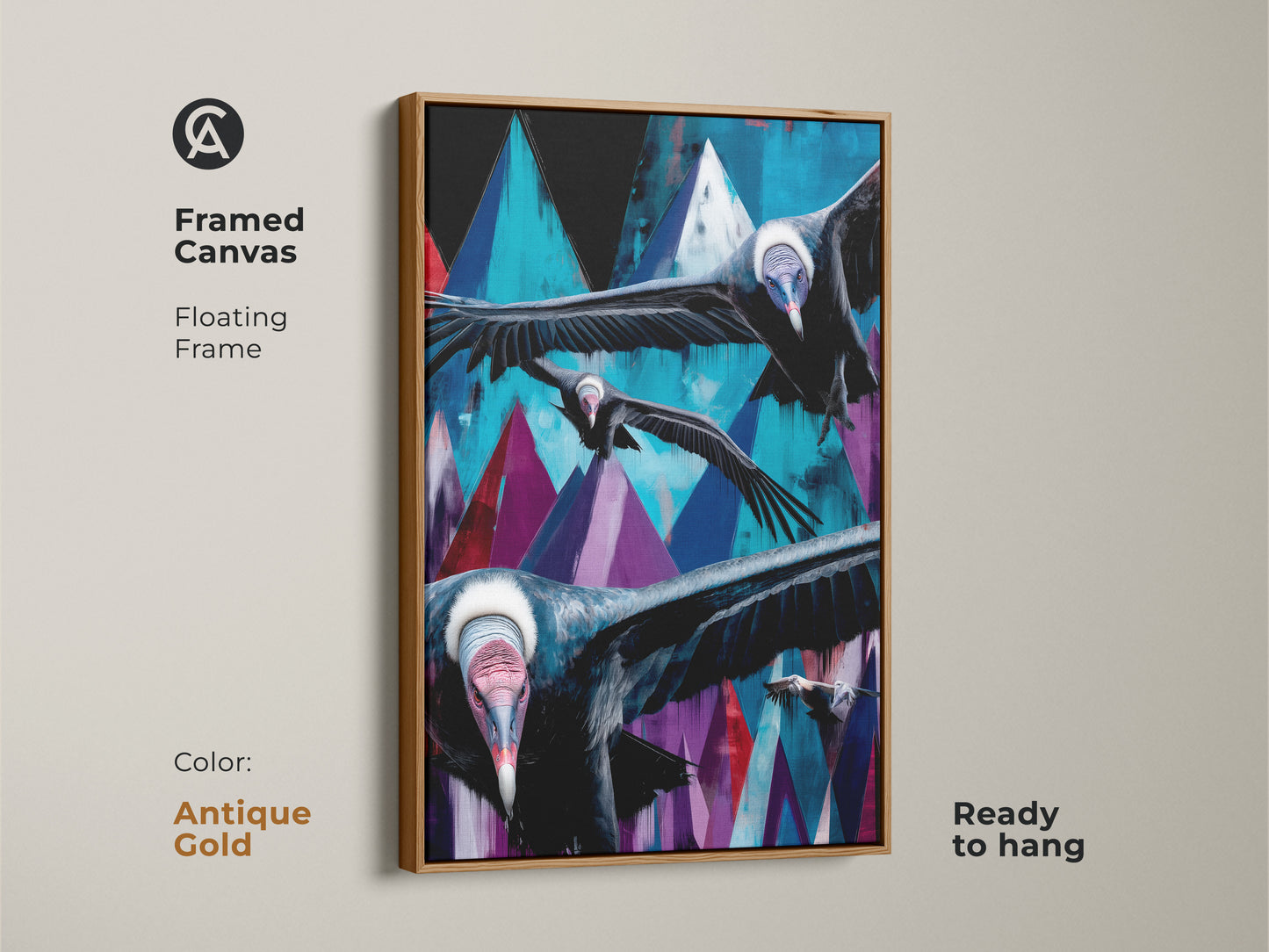 Geometric mountain and vulture artwork on a framed canvas. An antique gold floating frame highlights the teal blue and purple abstract bird art. This expressive bird art is ready to hang in any study room.