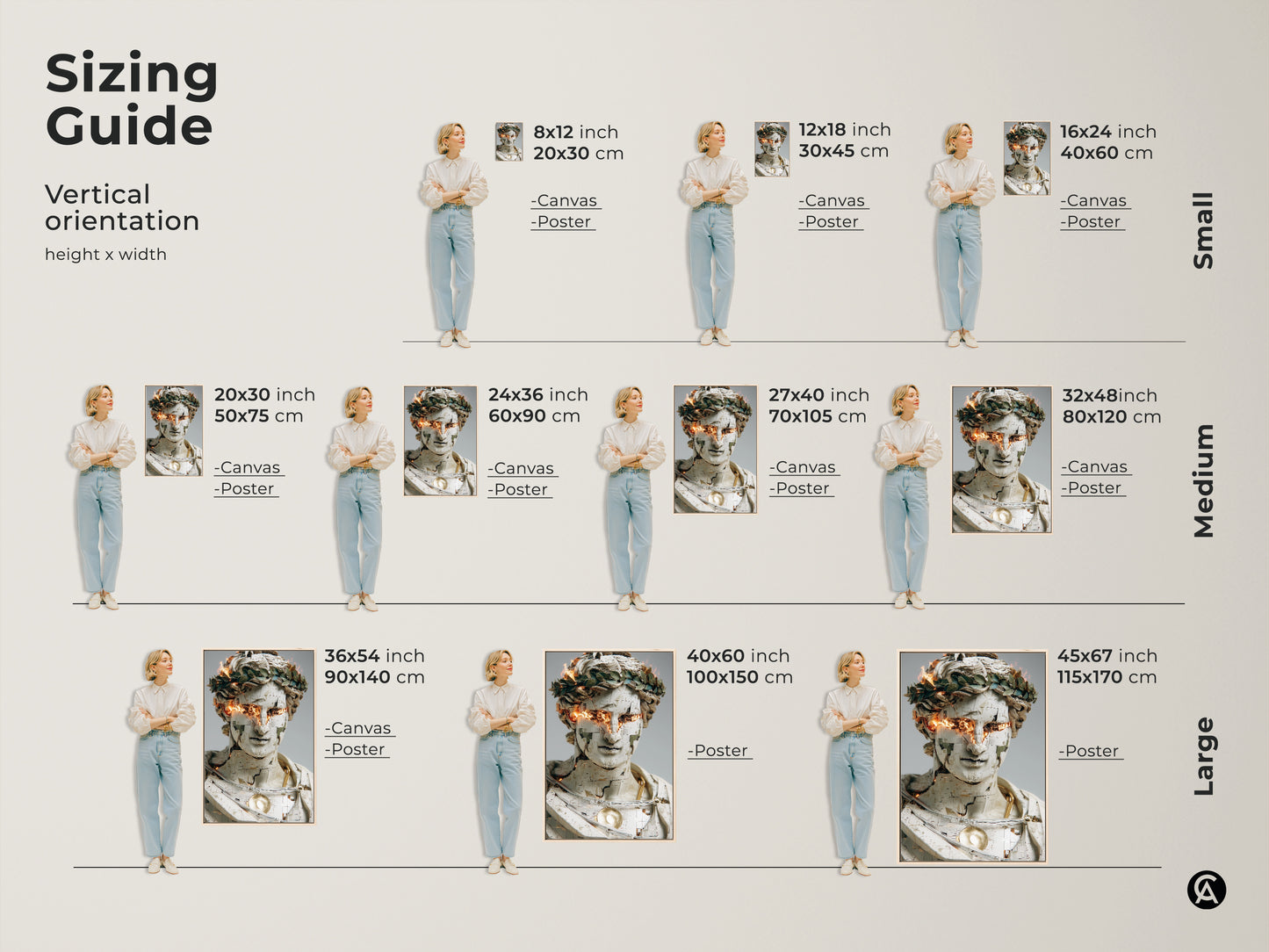 Sizing guide for vertical contemporary abstract bust art prints. Available as canvas or poster in sizes from small to large. Find the perfect fit for your space. This unique artwork with gold orange fire eyes enhances any office study or living room. It's a great housewarming gift.