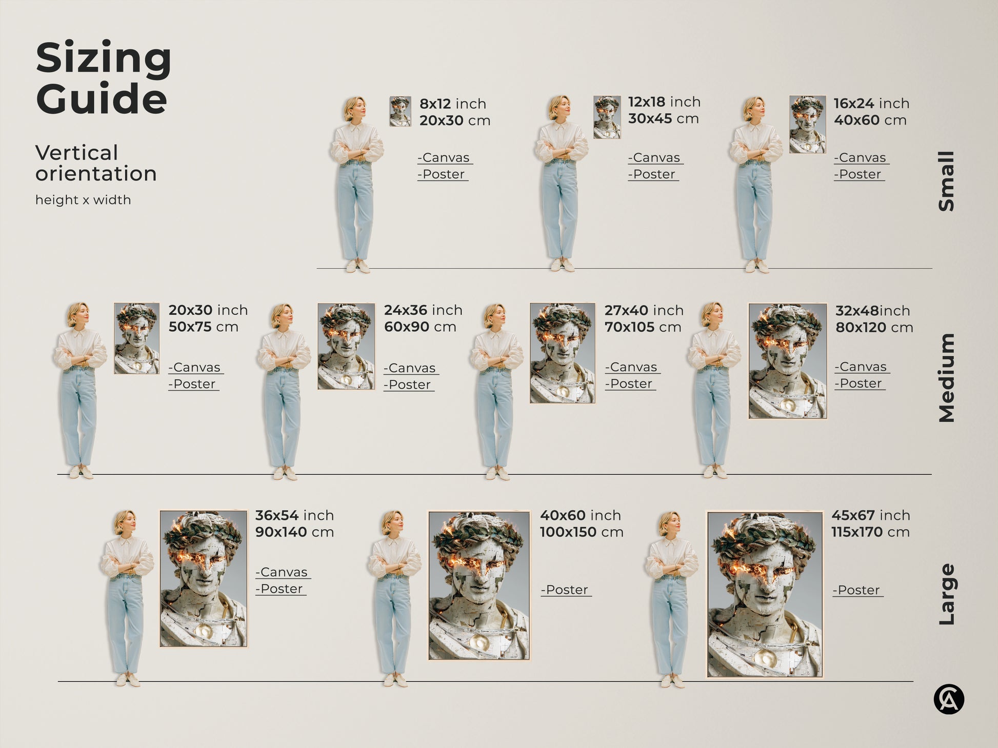 Sizing guide for vertical contemporary abstract bust art prints. Available as canvas or poster in sizes from small to large. Find the perfect fit for your space. This unique artwork with gold orange fire eyes enhances any office study or living room. It's a great housewarming gift.