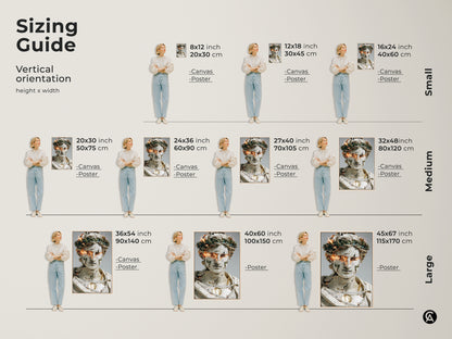 Sizing guide for vertical contemporary abstract bust art prints. Available as canvas or poster in sizes from small to large. Find the perfect fit for your space. This unique artwork with gold orange fire eyes enhances any office study or living room. It's a great housewarming gift.