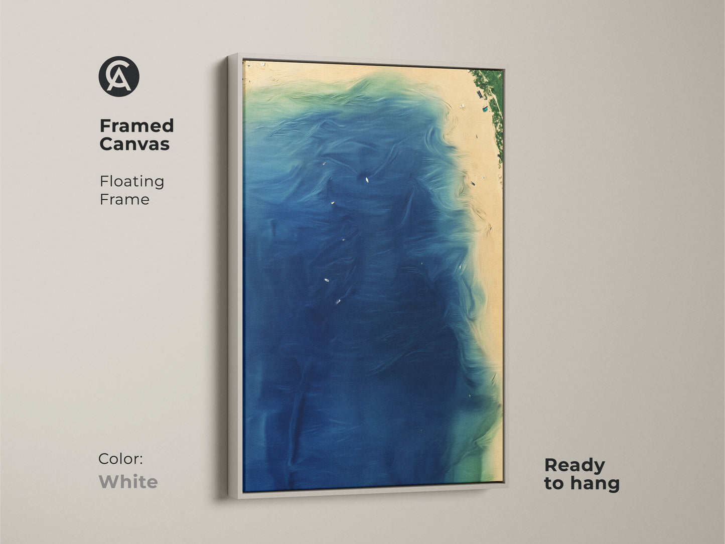 Framed canvas of abstract coastal artwork. The artwork features a white floating frame. Ready to hang deep blue wave artwork. This aqua green coastal decor piece is perfect for a bedroom or living room. A modern coastal accent.
