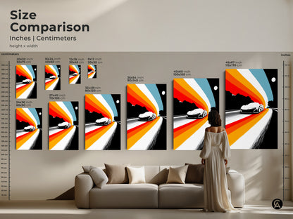 A size comparison shows retro sports car artwork in various dimensions. Visualize how the art will look in your space. This mid-century modern piece features abstract speed lines. It enhances any room's aesthetic appeal.