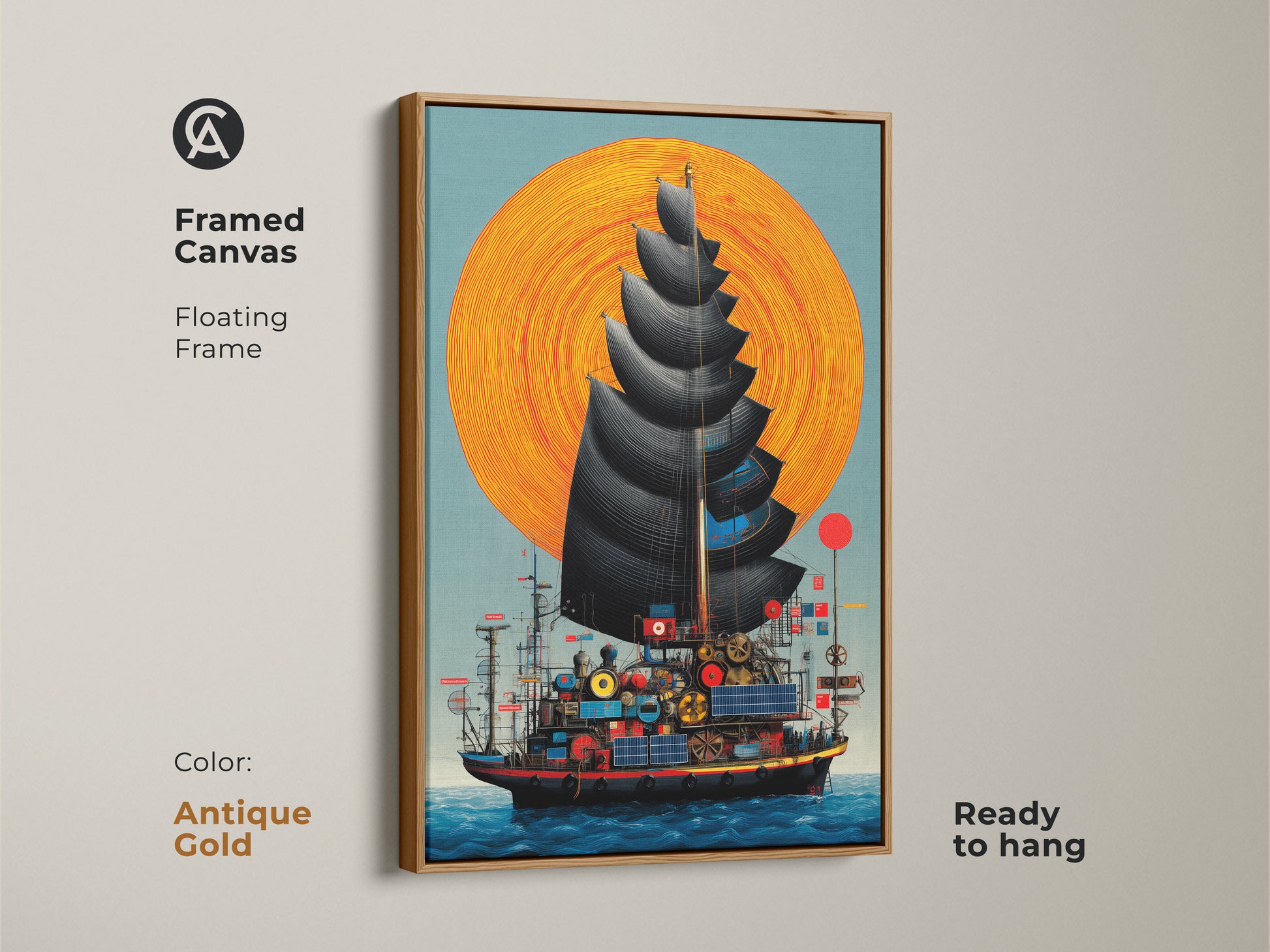 Steampunk ship art framed in antique gold offering a unique look. The canvas showcases a fantasy nautical junk ship print with an orange sun. Elevate your decor with this ready to hang statement piece