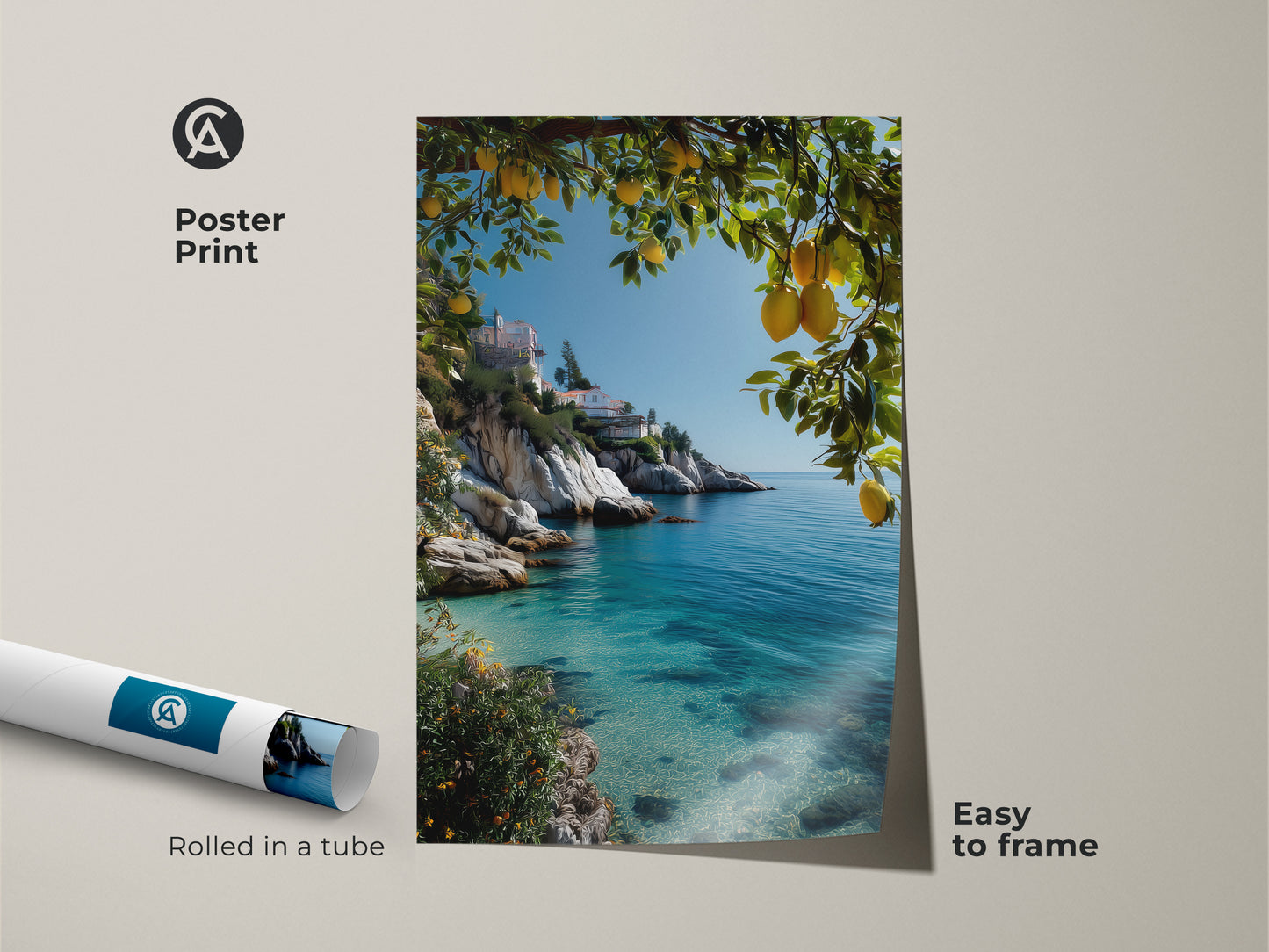 Poster print of a Mediterranean villa with lemon trees. The turquoise ocean coastal art shows a beach house wall. Easy to frame summer seaside scenery adds beauty. Rolled in a tube.