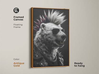 Framed canvas art with punk rock bear illustration. This canvas is displayed in a gold floating frame. The bear sports a mohawk and sunglasses. This ready to hang artwork offers rebellious charm. The unique wall decor suits a music lover's room. Enhance your space with this eclectic animal artwork.