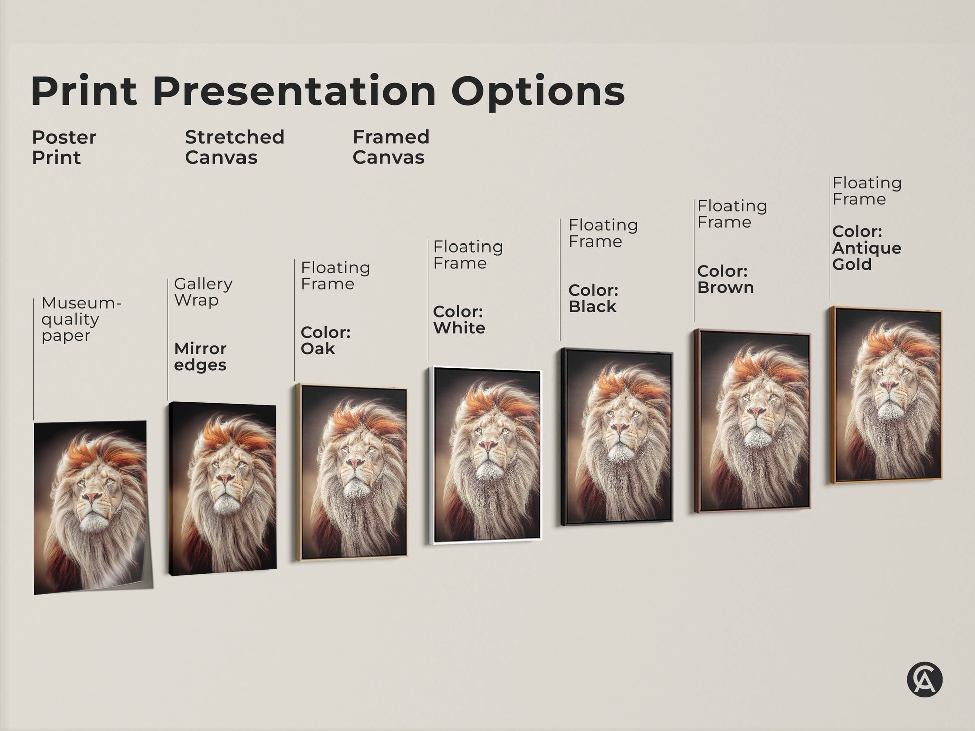 Print presentation options for the photorealistic lion art. Choose from poster print stretched canvas or framed canvas. Options include black brown antique gold or white frames. This fine art animal portrait is perfect for any space. Find the perfect option for your decor.