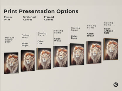 Print presentation options for the photorealistic lion art. Choose from poster print stretched canvas or framed canvas. Options include black brown antique gold or white frames. This fine art animal portrait is perfect for any space. Find the perfect option for your decor.