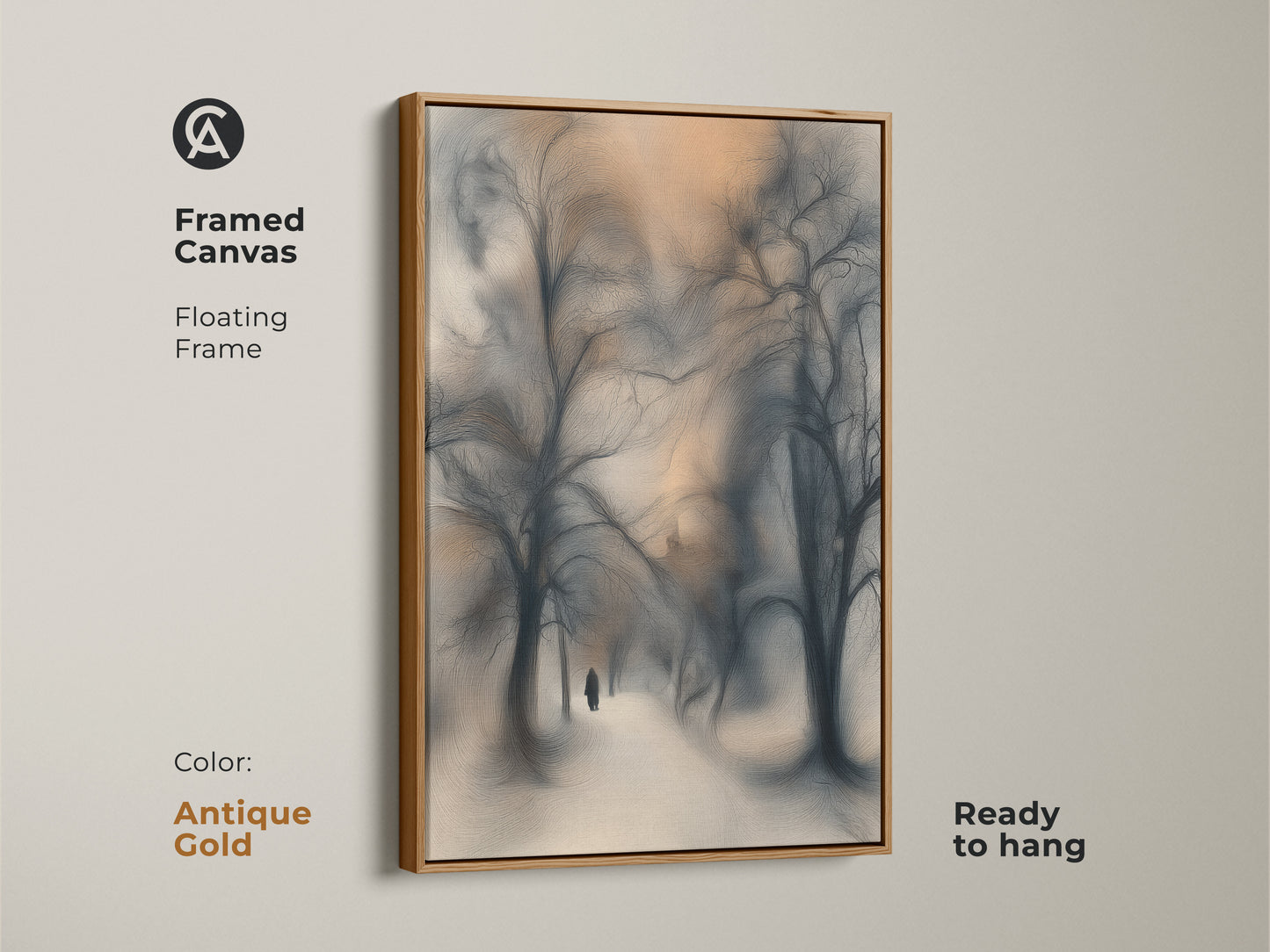 Framed in antique gold this canvas print shows an atmospheric winter landscape. The art displays blue gray orange tones. A solitary figure walks a snowy path. This nature scene is ready to hang adding cozy art to your home.