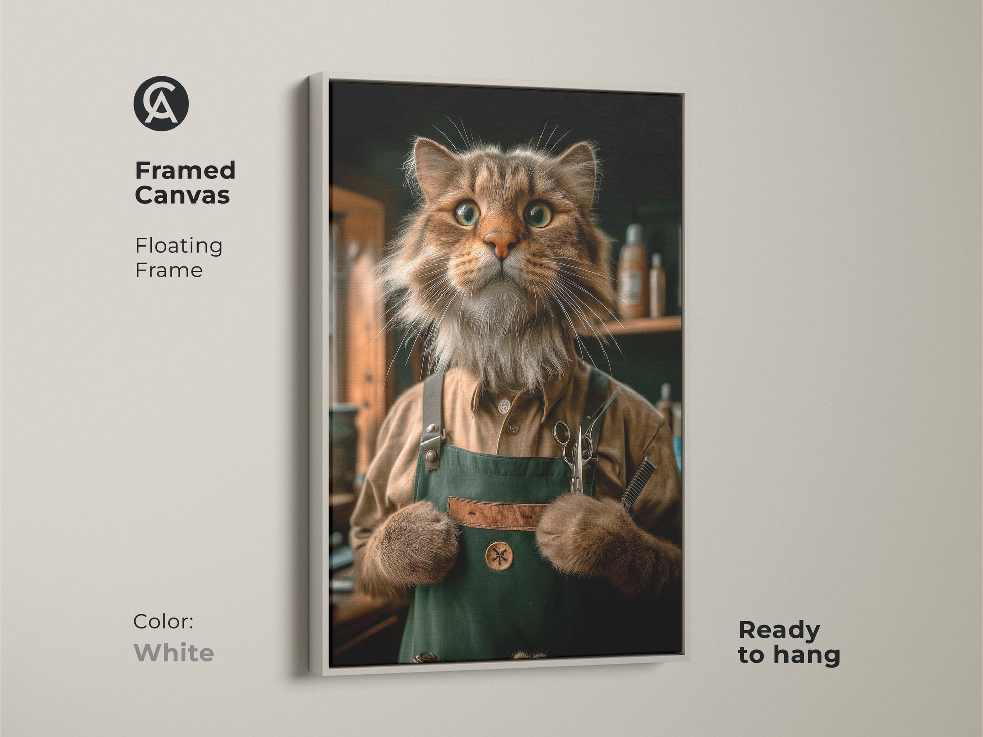A framed canvas print showcases a cat in a barber's apron. It has a floating frame in white. This modern eclectic art piece is ready to hang. This creative artwork is an ideal gift for any pet lover.