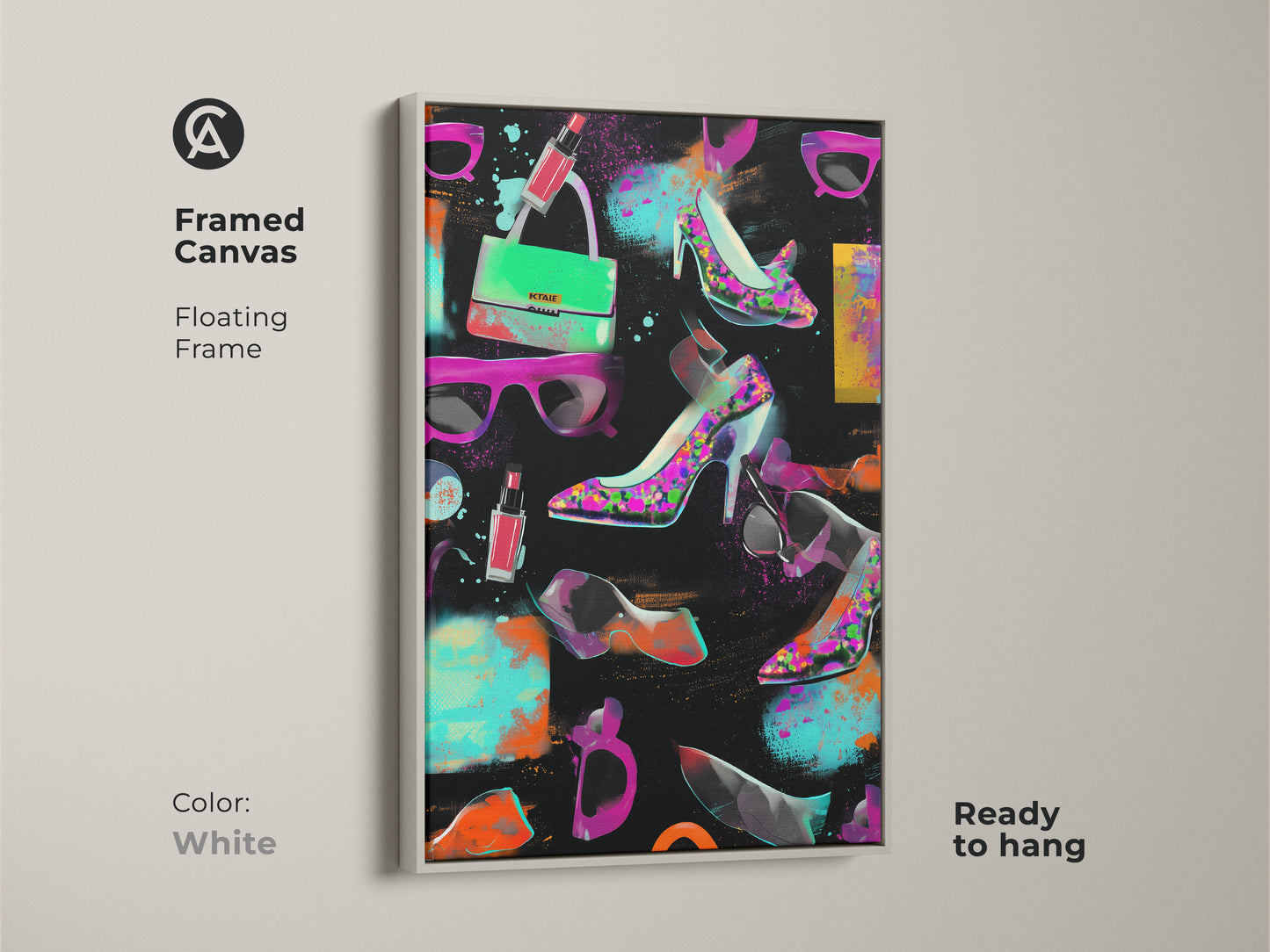 Framed canvas pop art print with graffiti high heels and handbag. The white floating frame offers a clean contemporary look. Ready to hang in a glam room. This eclectic fashion artwork features magenta orange and teal. A modern birthday gift for accessory lovers.