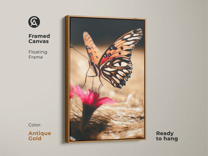 Framed canvas with a floating antique gold frame displays an orange butterfly. This realistic insect art is ready to hang. Perfect for adding a touch of nature to your decor. The boho canvas print will enhance any room. A unique gift for nature enthusiasts.