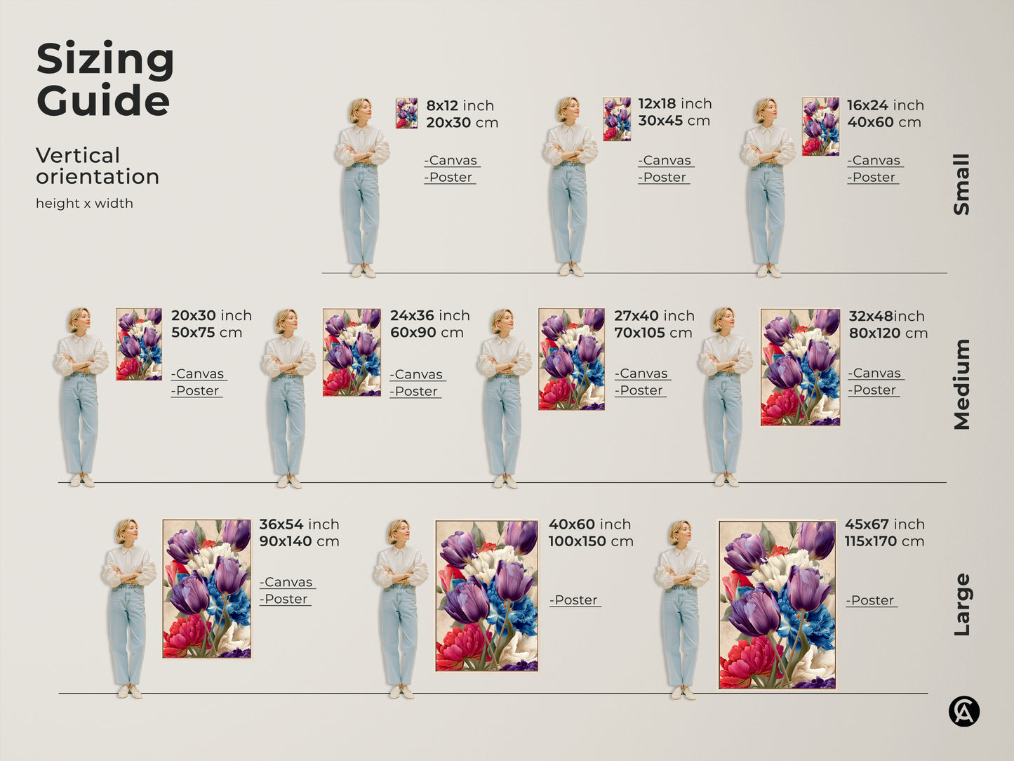 Sizing guide for the botanical canvas and poster art print featuring purple tulips and blue peonies. Available in small medium and large sizes to suit your decor needs. Enhance your space with this eclectic home decor.