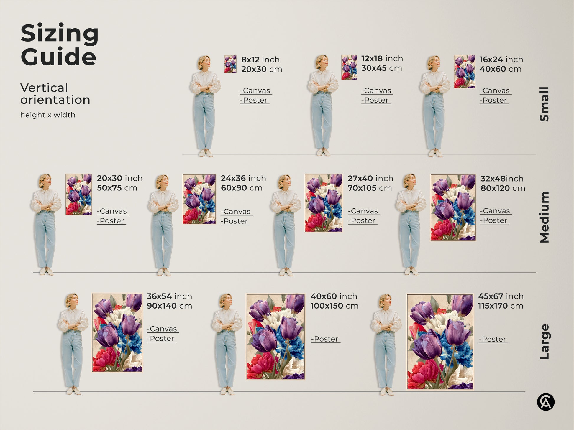 Sizing guide for the botanical canvas and poster art print featuring purple tulips and blue peonies. Available in small medium and large sizes to suit your decor needs. Enhance your space with this eclectic home decor.