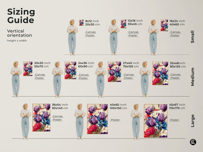 Sizing guide for the botanical canvas and poster art print featuring purple tulips and blue peonies. Available in small medium and large sizes to suit your decor needs. Enhance your space with this eclectic home decor.