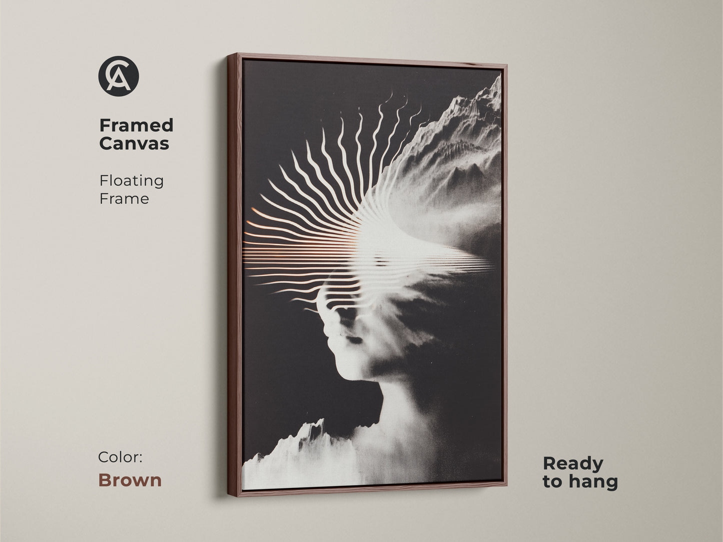 This framed canvas shows surreal face artwork with a mountain landscape in black and white. The floating frame is a beautiful brown color. This framed piece adds a touch of modern art to any room. Perfect for contemporary home or office decor ready to hang.