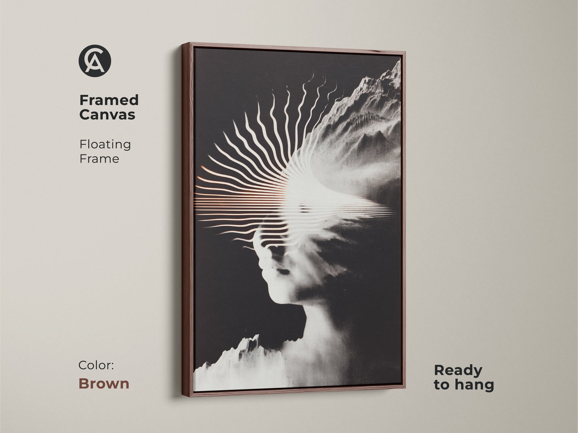 This framed canvas shows surreal face artwork with a mountain landscape in black and white. The floating frame is a beautiful brown color. This framed piece adds a touch of modern art to any room. Perfect for contemporary home or office decor ready to hang.