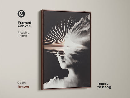 This framed canvas shows surreal face artwork with a mountain landscape in black and white. The floating frame is a beautiful brown color. This framed piece adds a touch of modern art to any room. Perfect for contemporary home or office decor ready to hang.