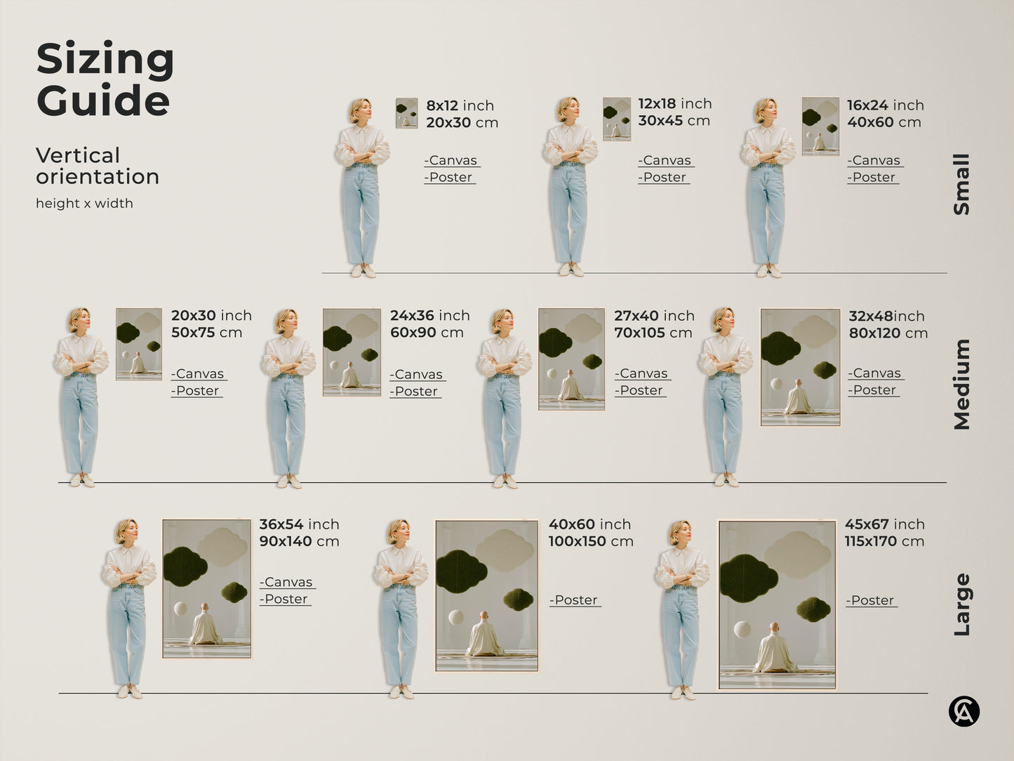 Sizing guide for zen monk meditation art. Vertical orientation options in small medium and large. Both canvas and poster print options are available. This spiritual art print is a perfect housewarming gift for neutral wall art decor.