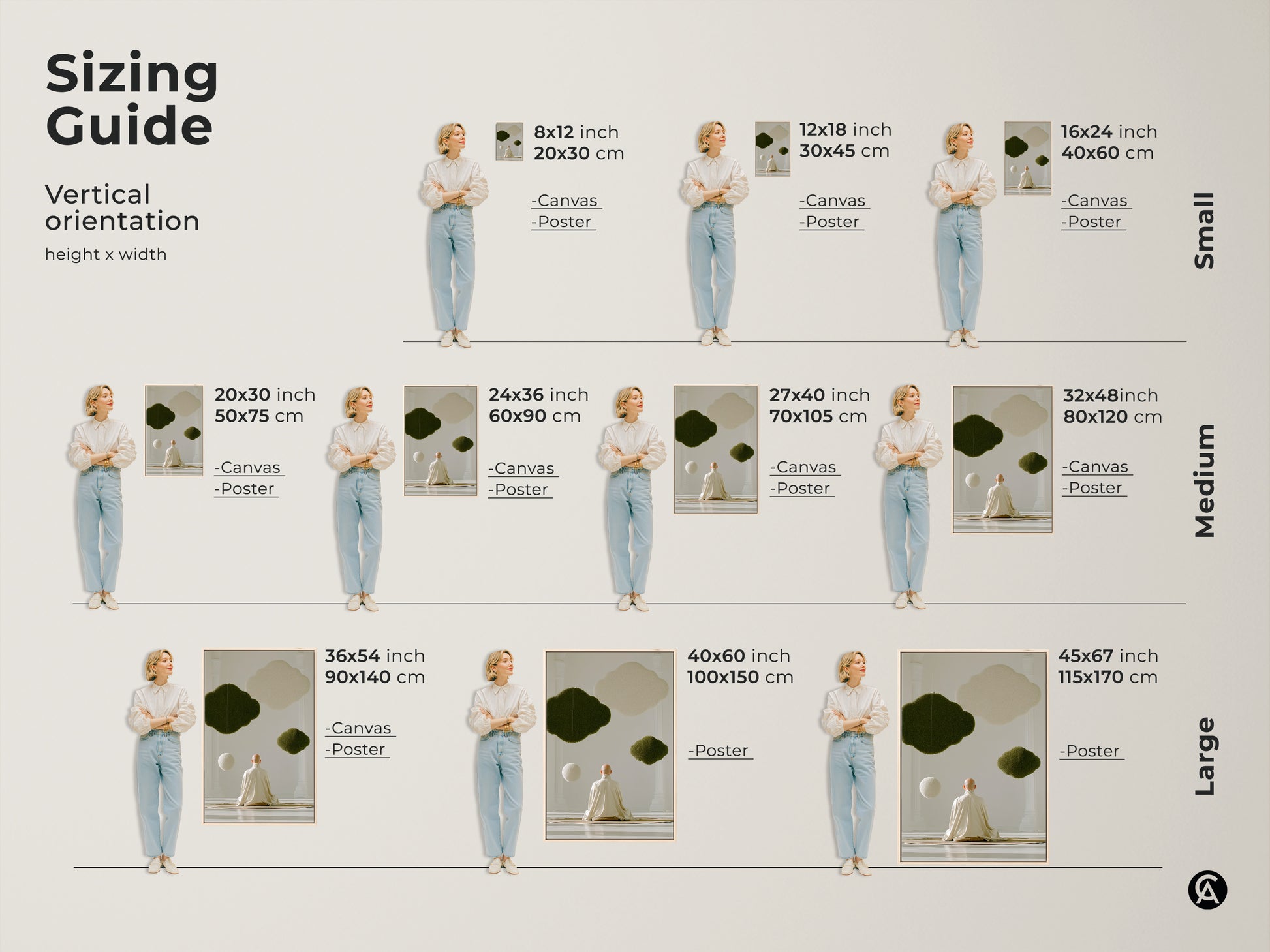 Sizing guide for zen monk meditation art. Vertical orientation options in small medium and large. Both canvas and poster print options are available. This spiritual art print is a perfect housewarming gift for neutral wall art decor.