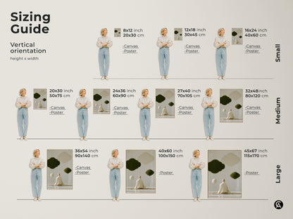 Sizing guide for zen monk meditation art. Vertical orientation options in small medium and large. Both canvas and poster print options are available. This spiritual art print is a perfect housewarming gift for neutral wall art decor.