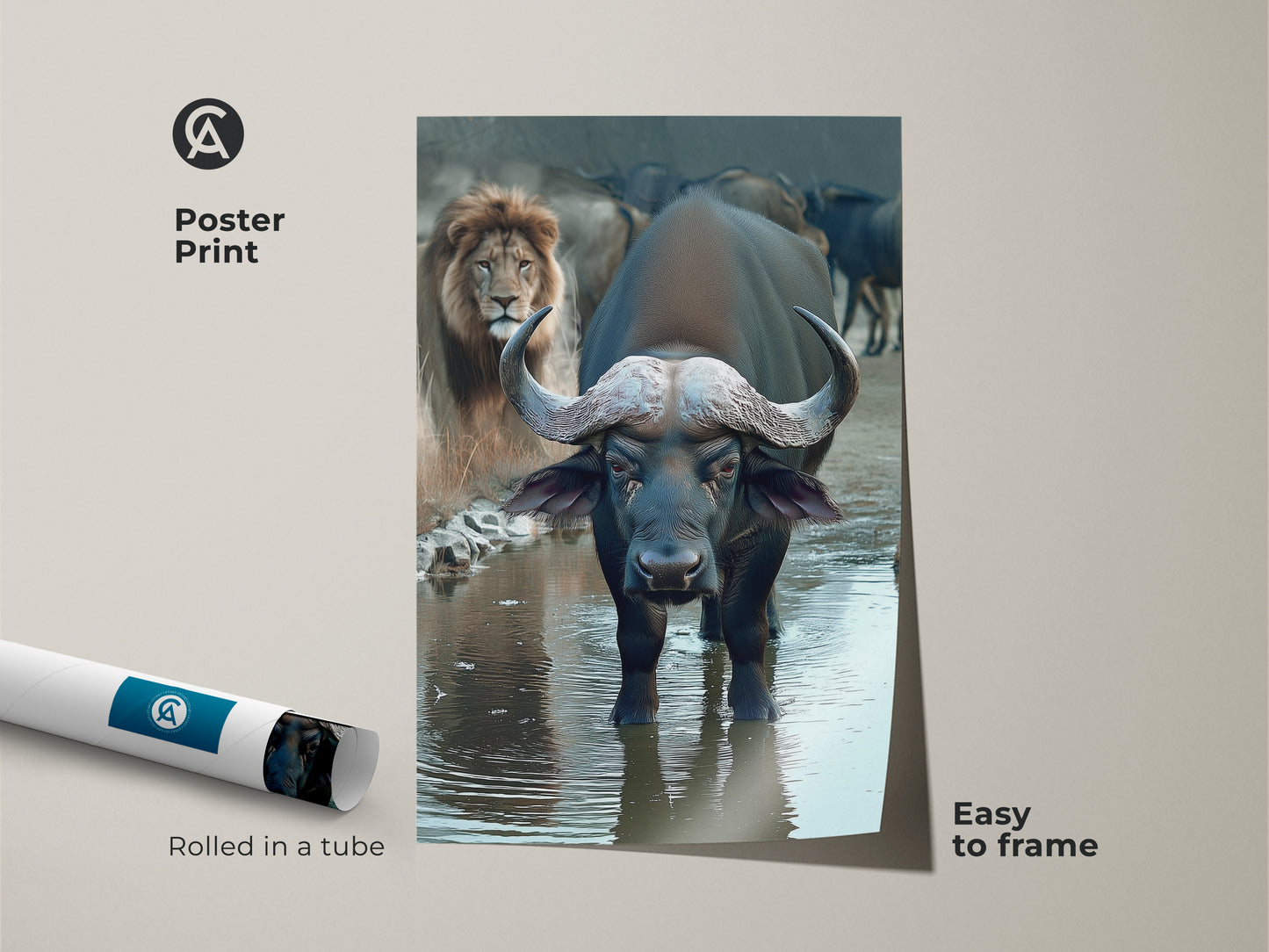 This African wildlife canvas print is a safari animals artwork. It is a photorealistic animal art poster print. It's easy to frame and ships rolled in a tube. The eclectic home decor features dark blue and brown tones. It's a great gift for wildlife lovers.