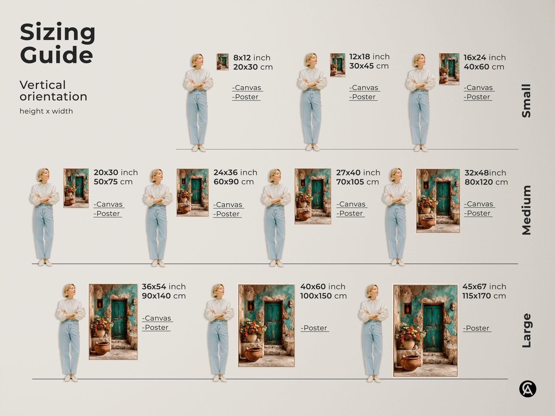 Sizing guide for vertical orientation of Mediterranean art prints. Visualize the scale of canvas and poster options. Choose from small medium or large sizes to fit your space. Each print features a teal door and floral arrangement perfect for boho decor.