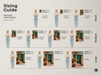 Sizing guide for vertical orientation of Mediterranean art prints. Visualize the scale of canvas and poster options. Choose from small medium or large sizes to fit your space. Each print features a teal door and floral arrangement perfect for boho decor.