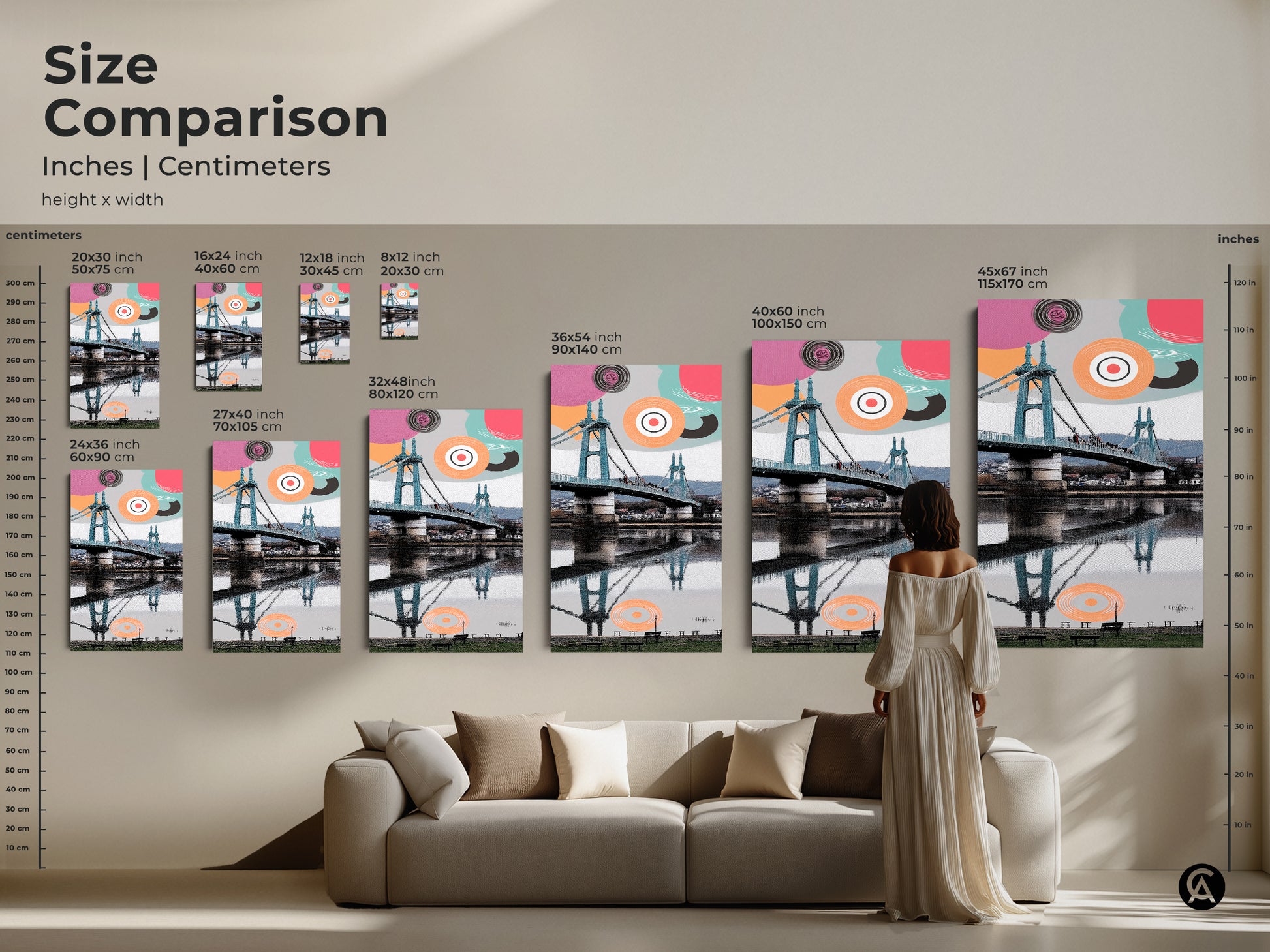 Size comparison of modern abstract geometric art. Available in various sizes and dimensions in both inches and centimeters. This piece is perfect for adding a pop of color to any room. The aqua and coral suspension bridge artwork is a modern home decor accent.