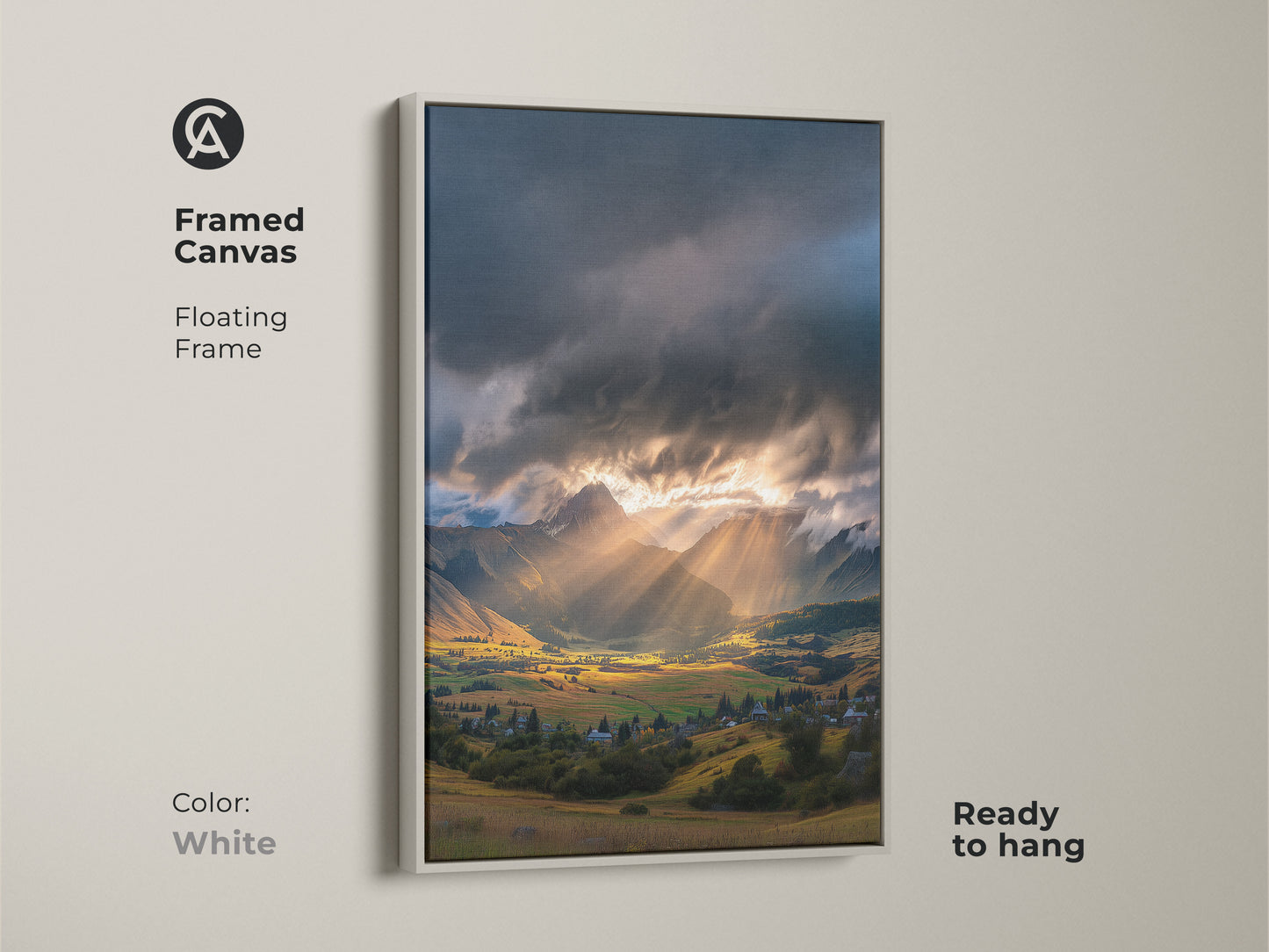 Framed canvas of a mountain valley art print. Golden hour landscape with dramatic sun rays. Floating frame in white provides a clean contemporary look. Serene landscape print for any room.