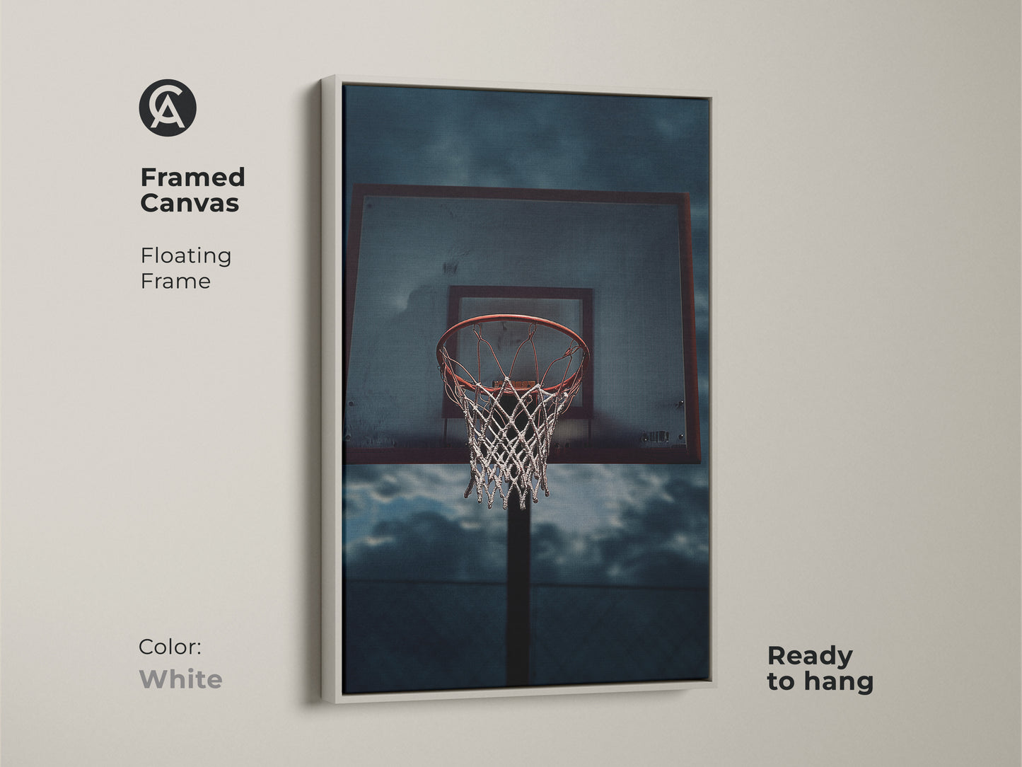 Framed canvas with a floating frame featuring basketball art. The dark blue sky art adds a moody touch to any space. Great sports poster print or gift for him basketball. The artwork has a white frame.
