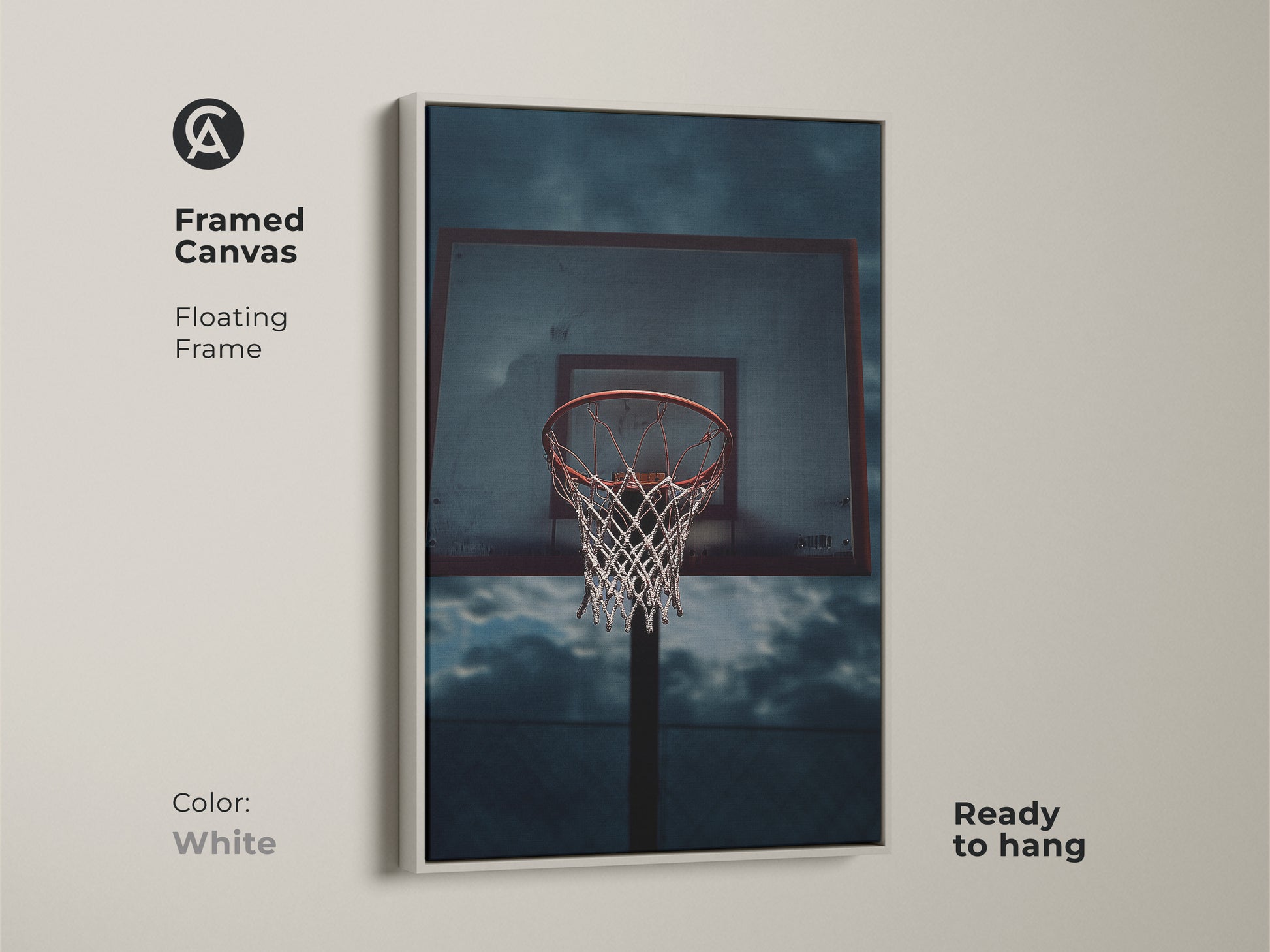 Framed canvas with a floating frame featuring basketball art. The dark blue sky art adds a moody touch to any space. Great sports poster print or gift for him basketball. The artwork has a white frame.