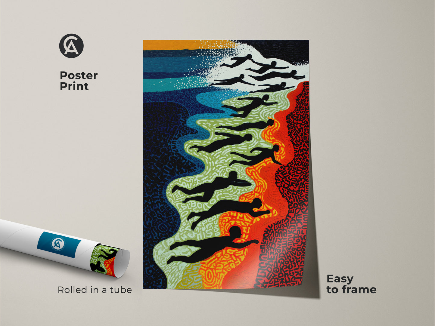 Poster print of Abstract Swimmers Wall Art rolled in a tube. An easy-to-frame contemporary beach scene for your home. Features red blue and green colors. Great housewarming gift.