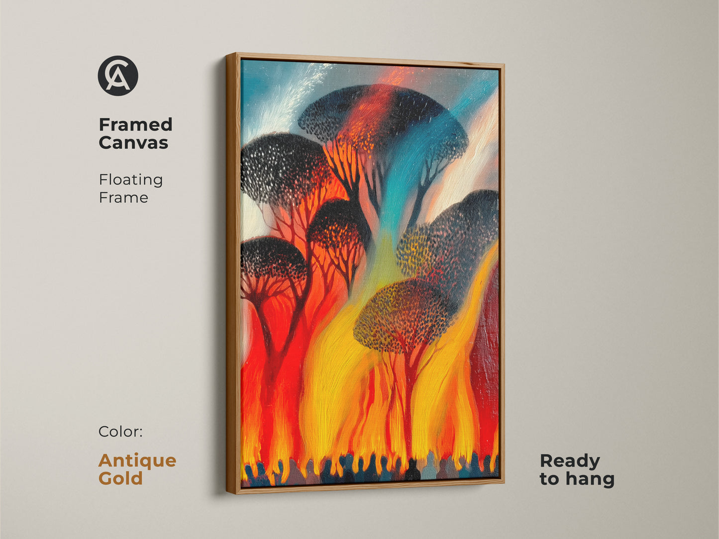 Antique gold framed canvas showcases expressive abstract trees. Vibrant red orange yellow art adds warmth to your space. The floating frame enhances this nature inspired piece.