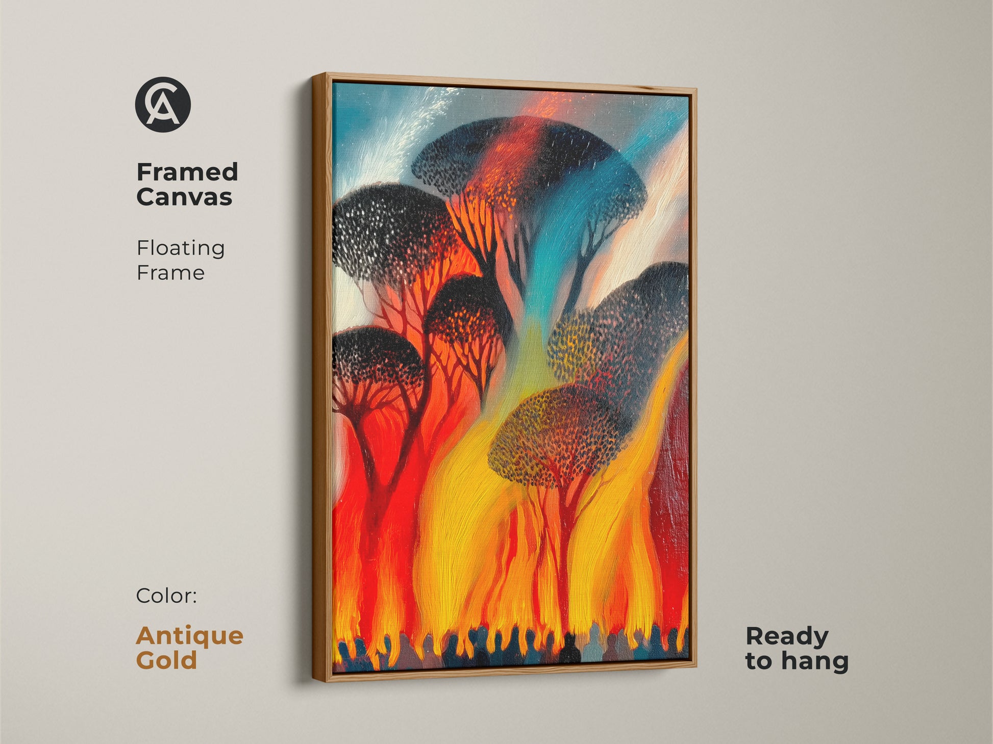 Antique gold framed canvas showcases expressive abstract trees. Vibrant red orange yellow art adds warmth to your space. The floating frame enhances this nature inspired piece.