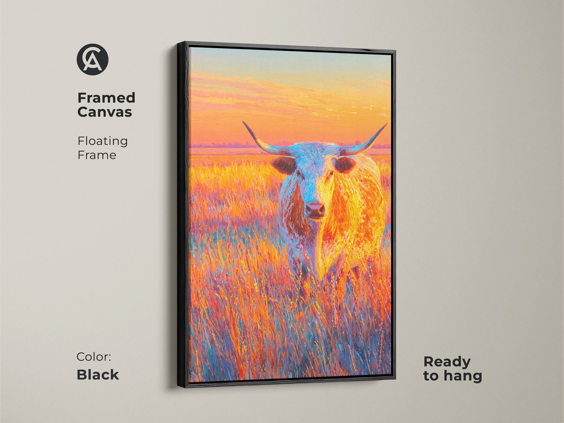 Framed canvas art featuring a longhorn in a field. The floating frame is black. This ready-to-hang artwork adds a touch of rustic elegance to your home. The colors are vibrant and eye-catching.