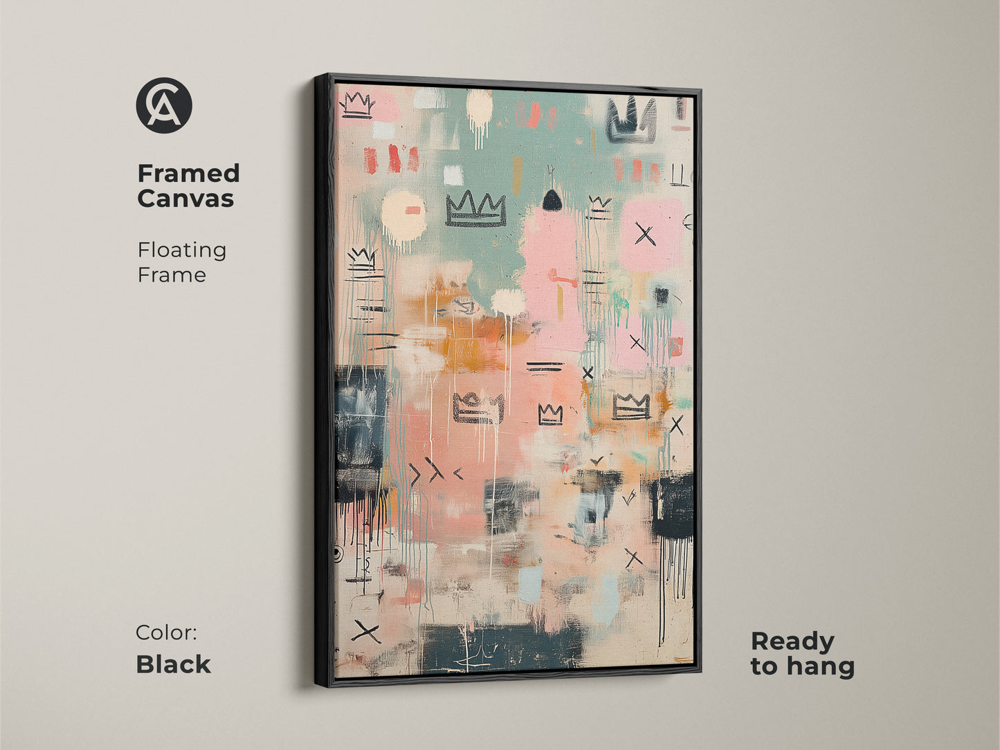 Framed canvas artwork with a floating black frame. The abstract crown art is ready to hang. This piece brings a contemporary feel to your wall decor. Perfect for adding a touch of modern style.