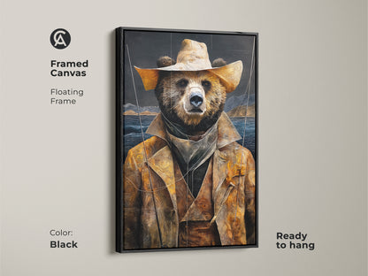 Framed Canvas golden yellow bear cowboy art in a black floating frame. This rustic animal art print is ready to hang. The earthy tones landscape adds charm to office wall art. It's a perfect gift for a bear lover.