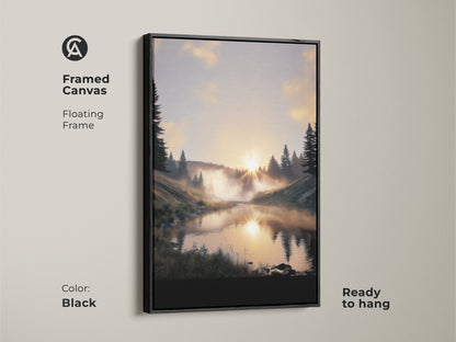 Black framed canvas showcasing a forest sunrise. This misty river landscape art has a floating frame. The warm tones nature artwork is ready to hang. Ideal for rustic bedroom decor.