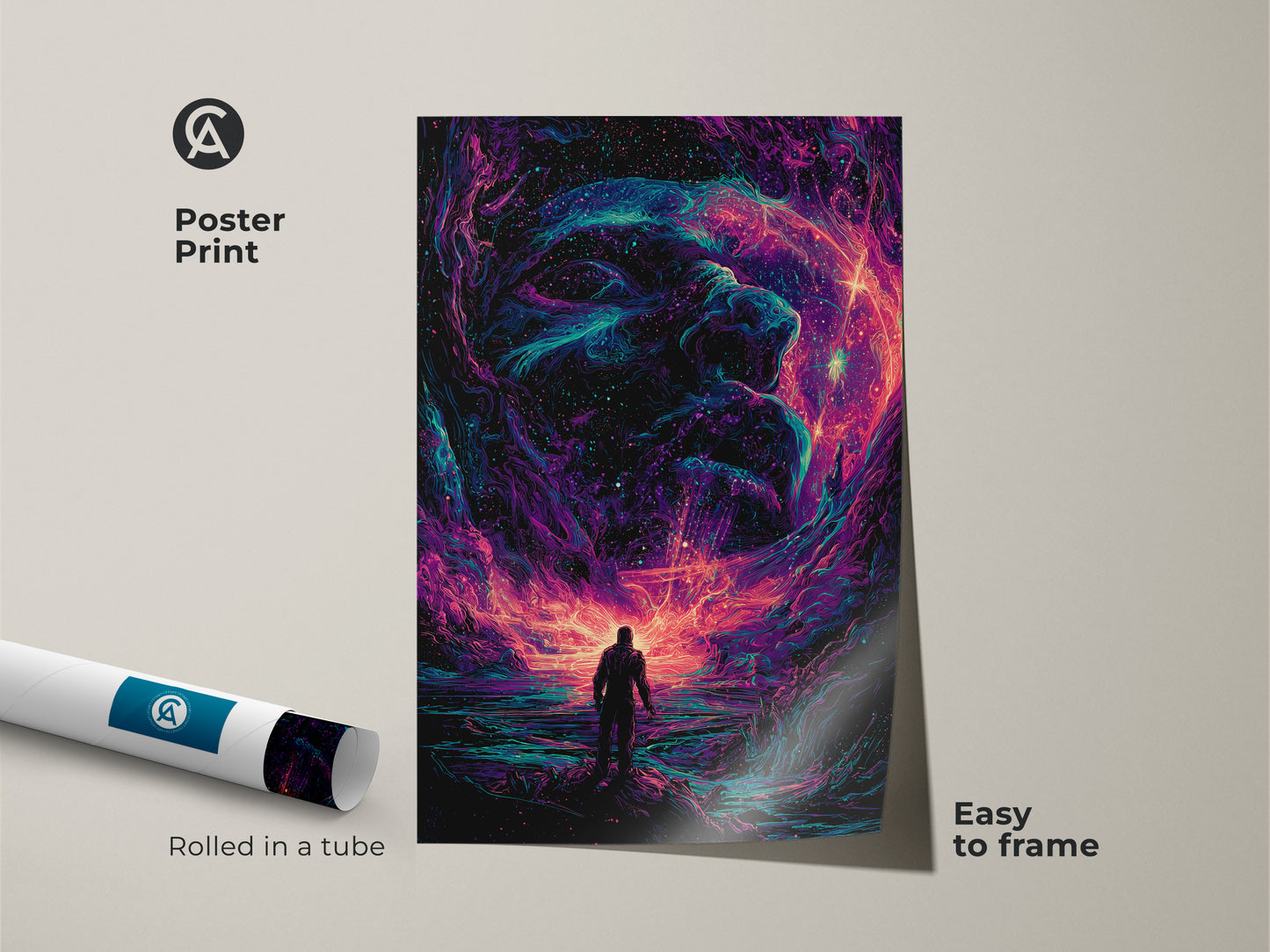 Poster print of vibrant galaxy artwork. The poster features a silhouette facing a cosmic entity. This easy-to-frame poster print brings cosmic inspiration. Rolled in a tube for protection. Enhance your space with this unique art.