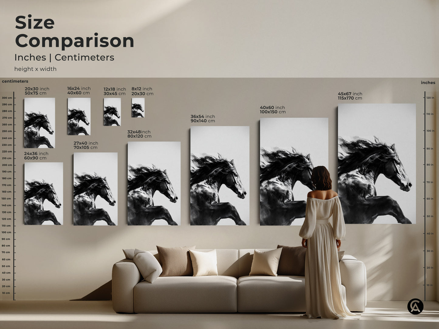 Size comparison of black and white equine art prints in inches and centimeters. This galloping horse canvas print is available in various sizes. Perfect for any space from small to large. See how this contemporary animal canvas fits above a sofa. Ideal for equestrian enthusiasts.