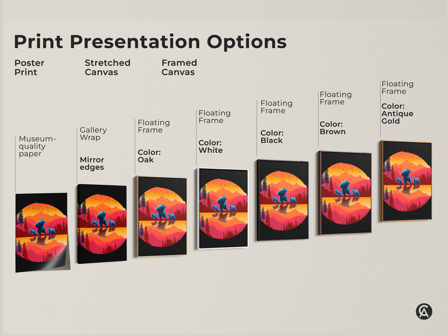 Explore print presentation options for the Blue Bear Family artwork. Choose between poster prints stretched canvas and framed canvas. Available with gallery wrap mirror edges and floating frame options in various colors for your house.